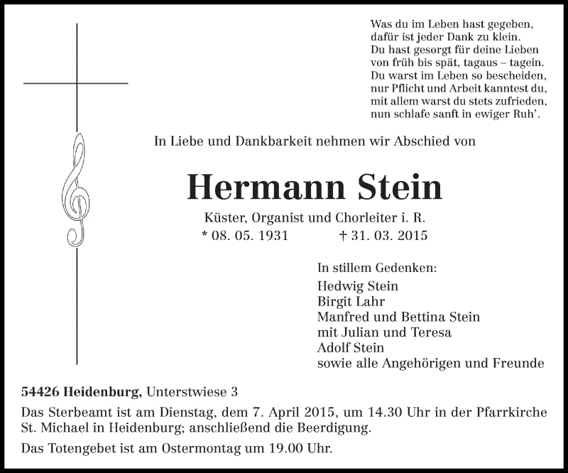  Traueranzeige für Hermann Stein vom 04.04.2015 aus trierischer_volksfreund