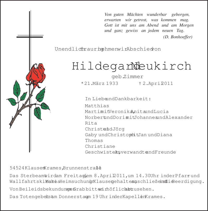 Traueranzeige für Hildegard Neukirch vom 05.04.2011 aus TRIERISCHER VOLKSFREUND