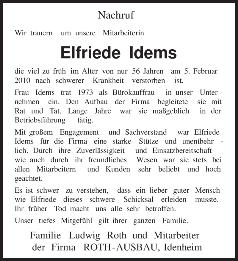  Traueranzeige für Elfriede Idems vom 12.02.2010 aus TRIERISCHER VOLKSFREUND