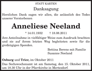 Traueranzeige von Anneliese Neeland von TRIERISCHER VOLKSFREUND