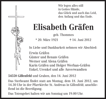Traueranzeige von Elisabeth Gräfen von TRIERISCHER VOLKSFREUND