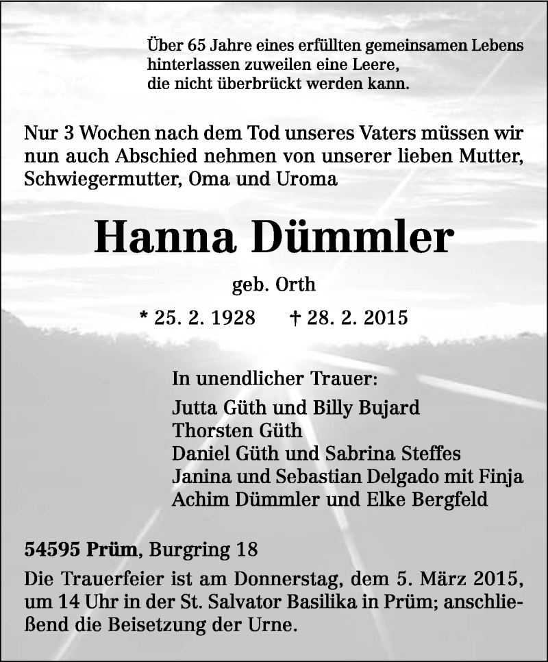  Traueranzeige für Hanna Dümmler vom 02.03.2015 aus trierischer_volksfreund