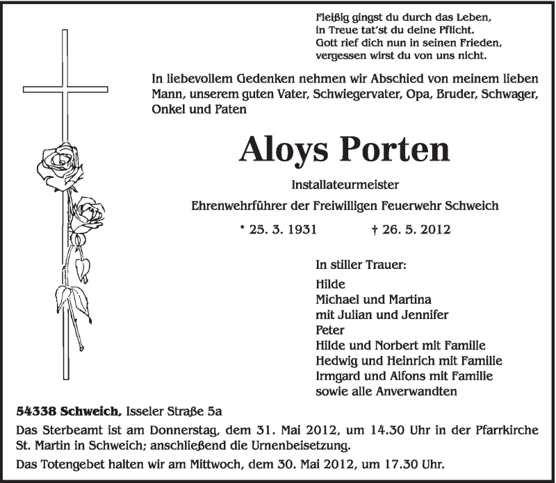  Traueranzeige für Aloys Porten vom 29.05.2012 aus TRIERISCHER VOLKSFREUND