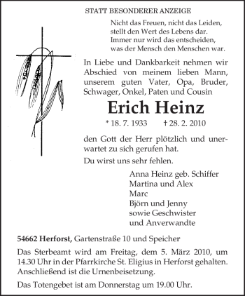 Traueranzeige von Erich Heinz von TRIERISCHER VOLKSFREUND