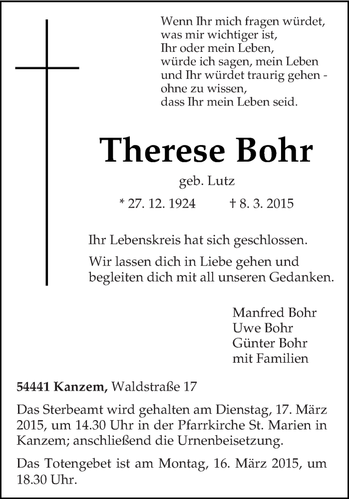  Traueranzeige für Therese Bohr vom 12.03.2015 aus trierischer_volksfreund