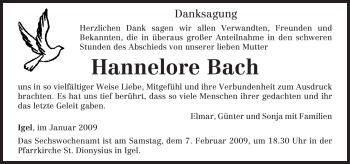 Traueranzeige von Hannelore Bach von TRIERISCHER VOLKSFREUND