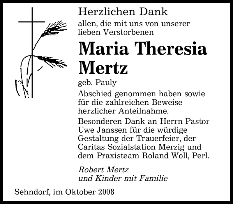  Traueranzeige für Maria Theresia Mertz vom 16.10.2008 aus TRIERISCHER VOLKSFREUND