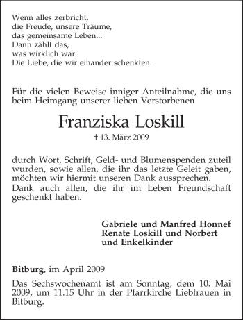 Traueranzeige von Franziska Loskill von TRIERISCHER VOLKSFREUND