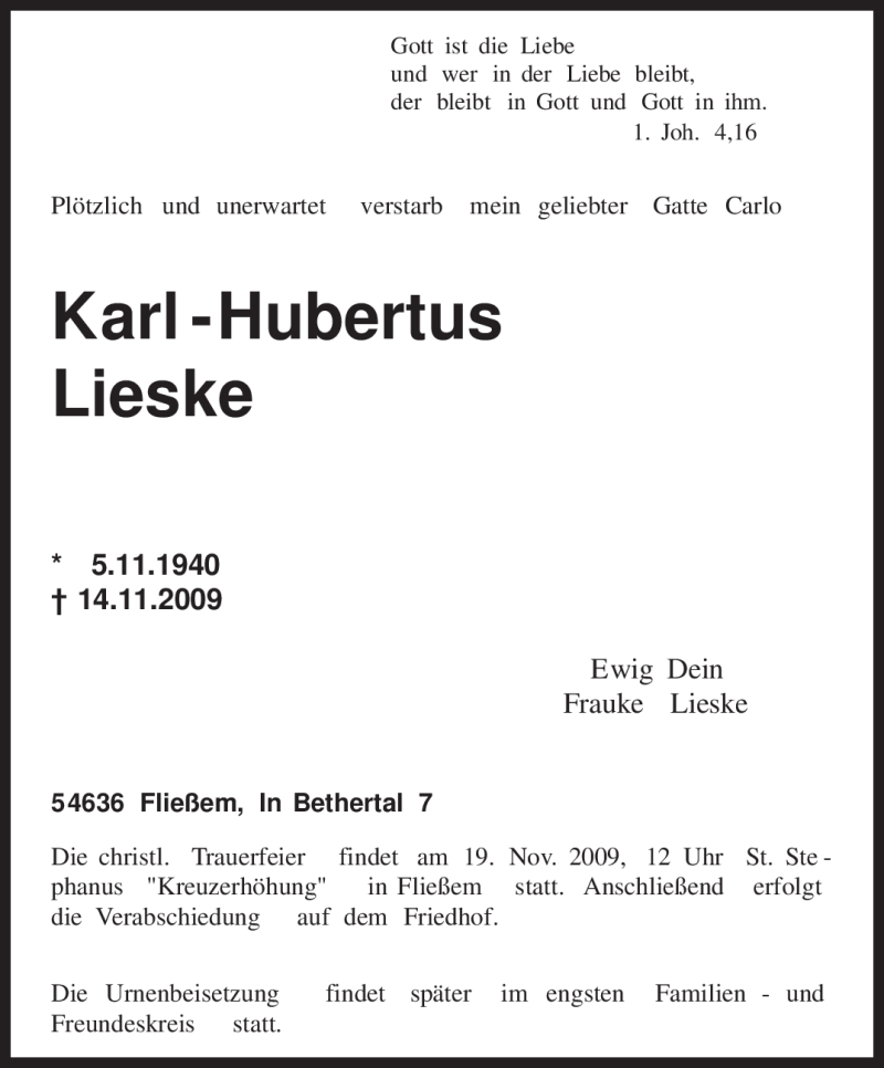  Traueranzeige für Karl-Hubertus Lieske vom 17.11.2009 aus TRIERISCHER VOLKSFREUND