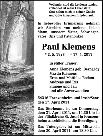 Traueranzeige von Paul Klemens von TRIERISCHER VOLKSFREUND