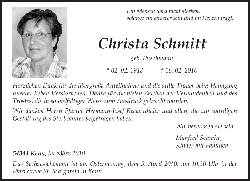  Traueranzeige für Christa Schmitt vom 27.03.2010 aus TRIERISCHER VOLKSFREUND