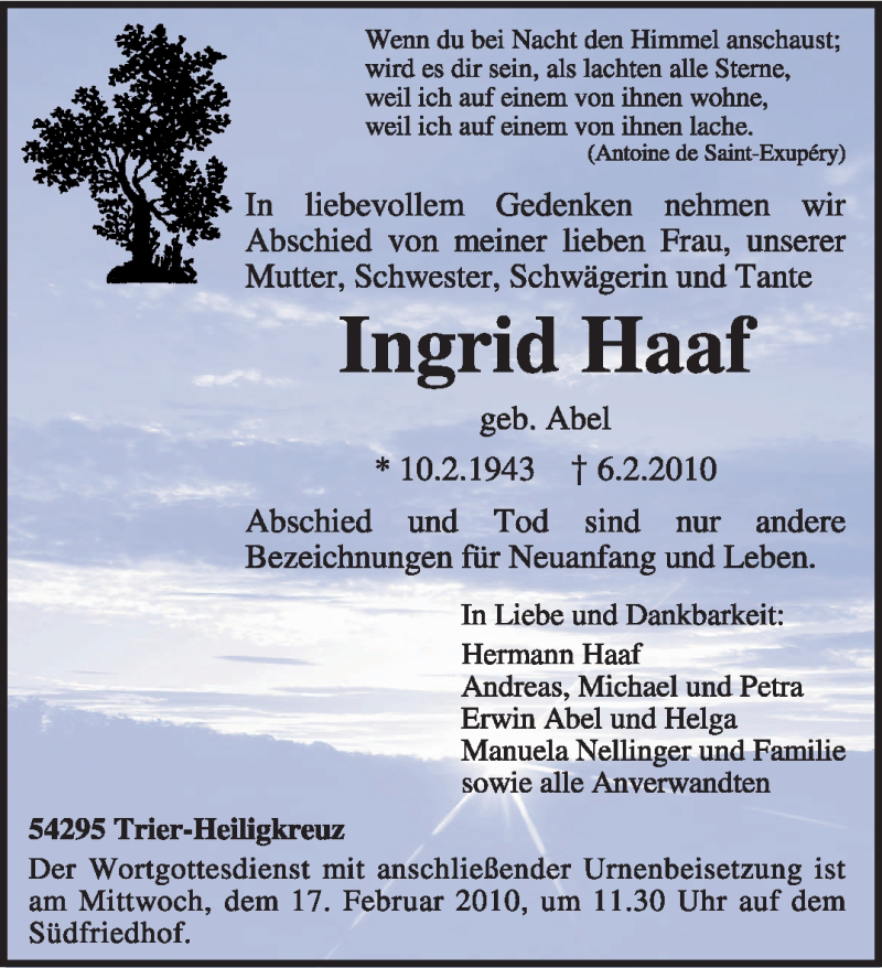  Traueranzeige für Ingrid Haaf vom 12.02.2010 aus TRIERISCHER VOLKSFREUND