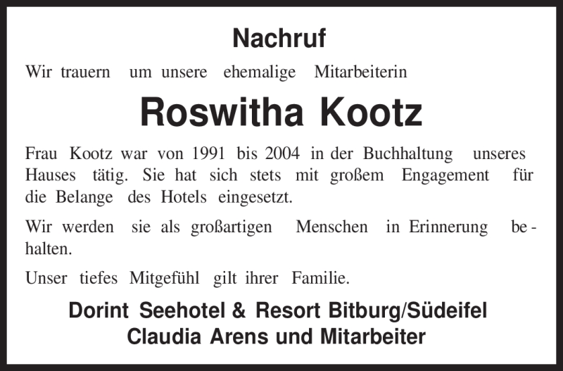  Traueranzeige für Roswitha Kootz vom 24.12.2009 aus TRIERISCHER VOLKSFREUND