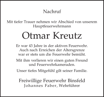 Traueranzeige von Otmar Kreutz von TRIERISCHER VOLKSFREUND