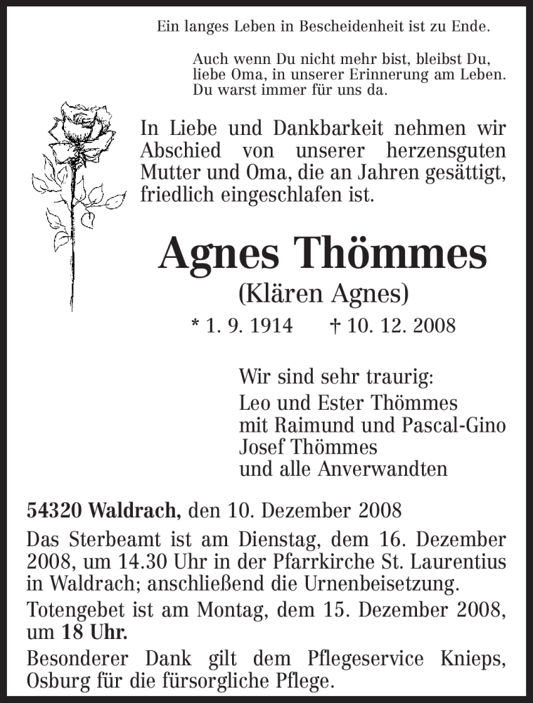  Traueranzeige für Agnes Thömmes vom 13.12.2008 aus TRIERISCHER VOLKSFREUND
