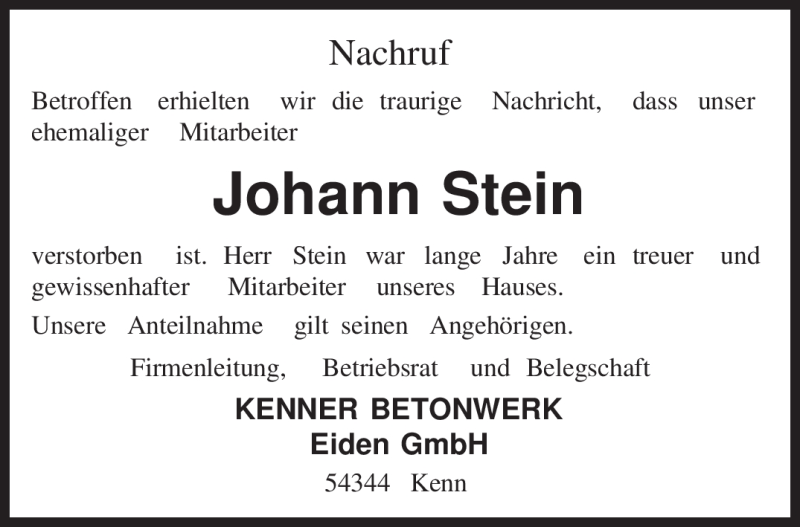  Traueranzeige für Johann Stein vom 24.09.2011 aus TRIERISCHER VOLKSFREUND