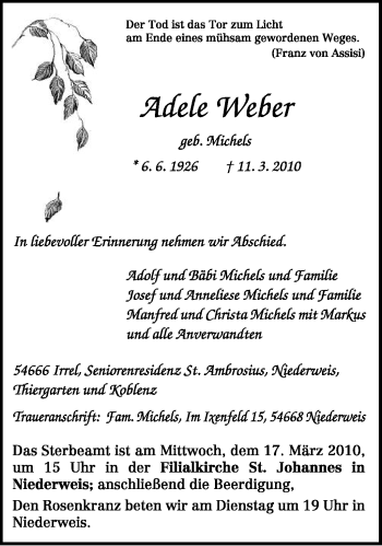 Traueranzeige von Adele Weber von TRIERISCHER VOLKSFREUND