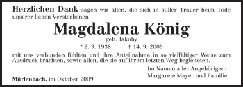 Traueranzeige von Magdalena König von TRIERISCHER VOLKSFREUND