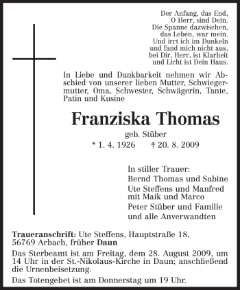 Traueranzeige von Franziska Thomas von TRIERISCHER VOLKSFREUND