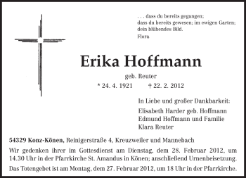 Traueranzeige von Erika Hoffmann von TRIERISCHER VOLKSFREUND