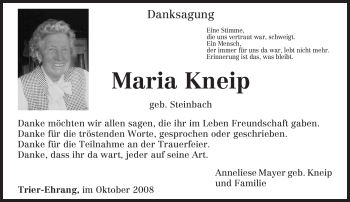 Traueranzeige von Maria Kneip von TRIERISCHER VOLKSFREUND