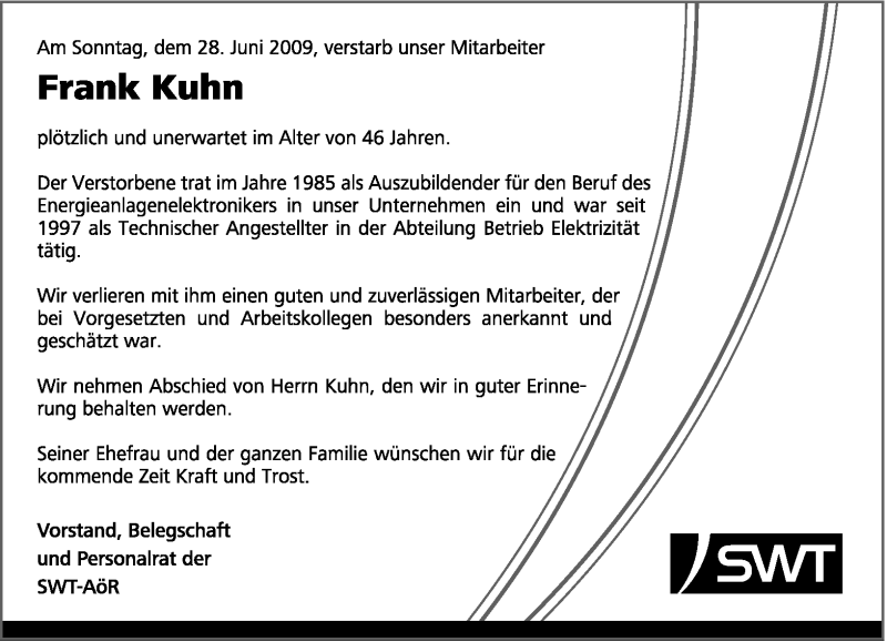  Traueranzeige für Frank Kuhn vom 01.07.2009 aus TRIERISCHER VOLKSFREUND