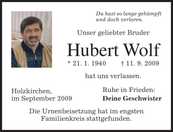 Traueranzeige von Hubert Wolf von TRIERISCHER VOLKSFREUND
