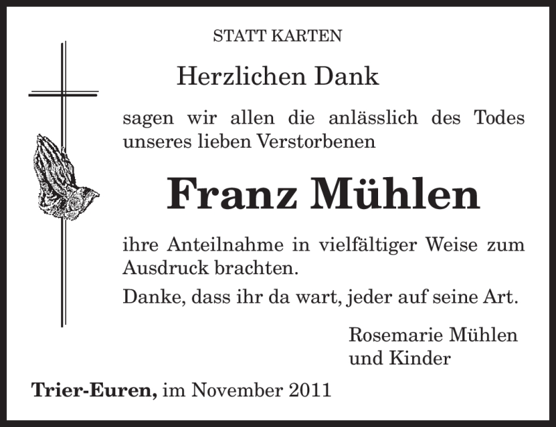  Traueranzeige für Franz Mühlen vom 23.11.2011 aus TRIERISCHER VOLKSFREUND