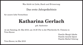 Traueranzeige von Katharina Gerlach von TRIERISCHER VOLKSFREUND
