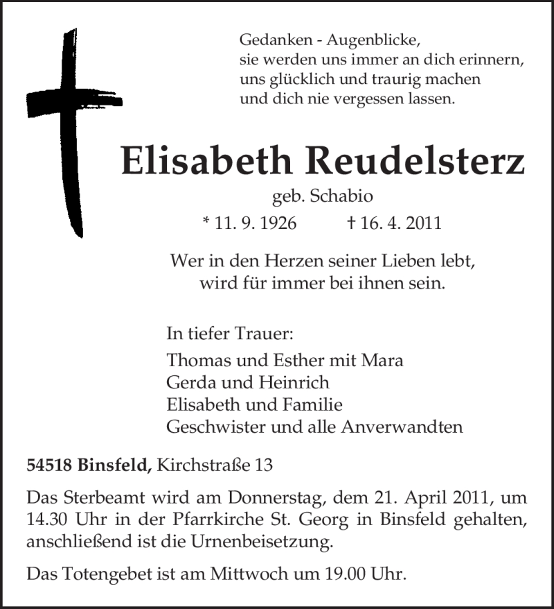  Traueranzeige für Elisabeth Reudelsterz vom 19.04.2011 aus TRIERISCHER VOLKSFREUND