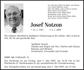 Traueranzeige von Josef Notzon von TRIERISCHER VOLKSFREUND