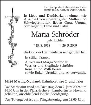 Traueranzeige von Maria Schröder von TRIERISCHER VOLKSFREUND