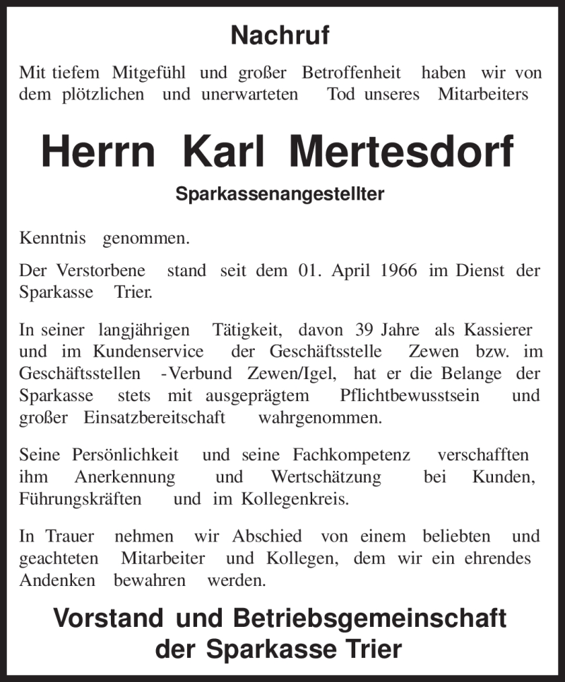  Traueranzeige für Karl Mertesdorf vom 17.12.2010 aus TRIERISCHER VOLKSFREUND