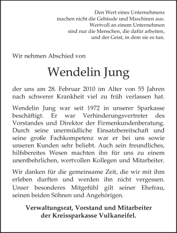 Traueranzeige von Wendelin Jung von TRIERISCHER VOLKSFREUND