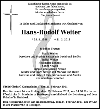 Traueranzeige von Hans-Rudolf Weiter von TRIERISCHER VOLKSFREUND
