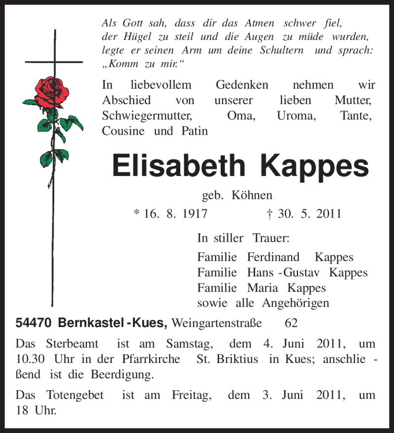  Traueranzeige für Elisabeth Kappes vom 01.06.2011 aus TRIERISCHER VOLKSFREUND