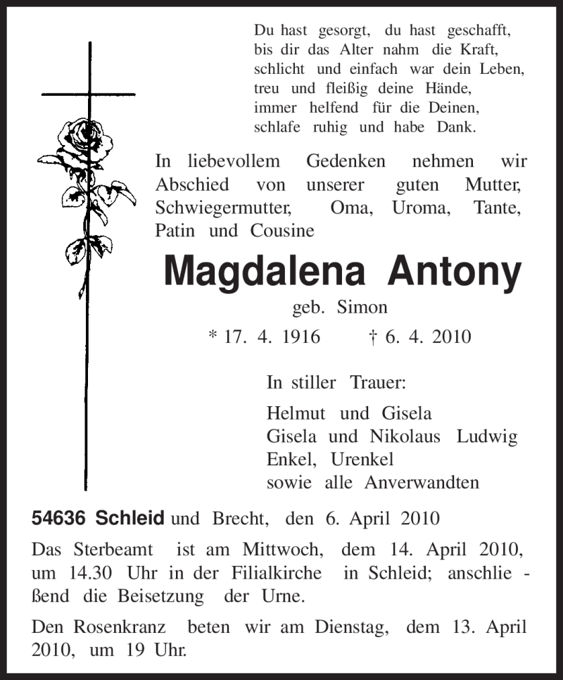  Traueranzeige für Magdalena Antony vom 10.04.2010 aus TRIERISCHER VOLKSFREUND