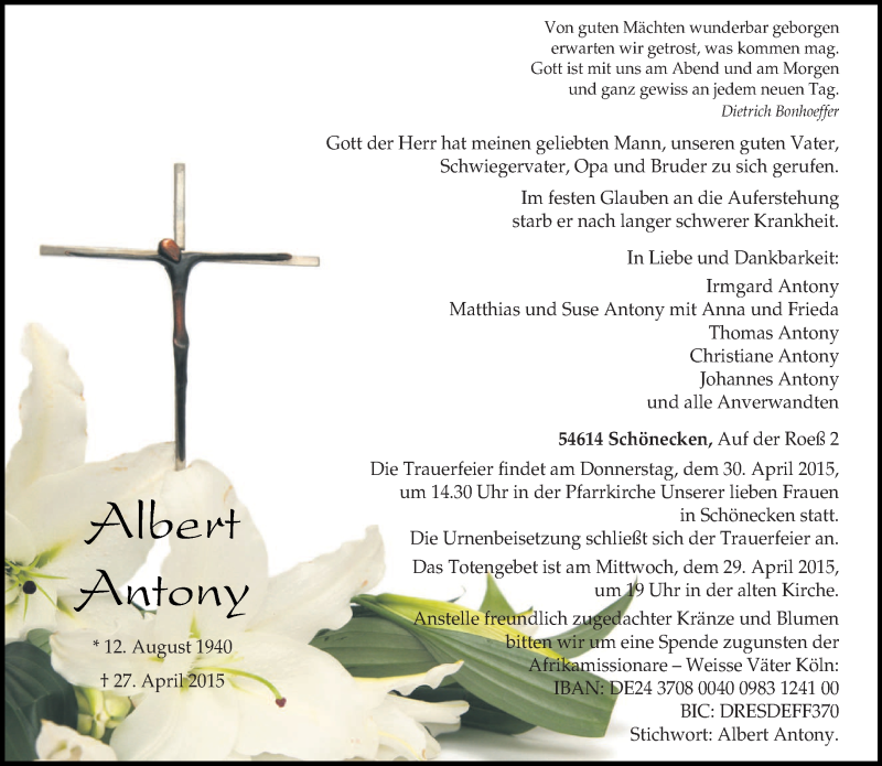  Traueranzeige für Albert Antony vom 28.04.2015 aus trierischer_volksfreund
