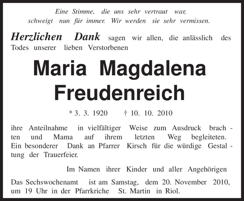  Traueranzeige für Maria Magdalena Freudenreich vom 19.11.2010 aus TRIERISCHER VOLKSFREUND