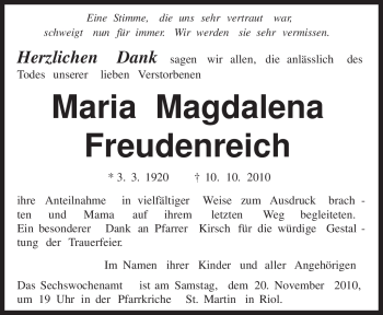 Traueranzeige von Maria Magdalena Freudenreich von TRIERISCHER VOLKSFREUND