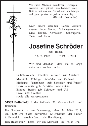 Traueranzeige von Josefine Schröder von TRIERISCHER VOLKSFREUND