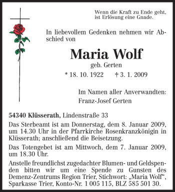 Traueranzeige von Maria Wolf von TRIERISCHER VOLKSFREUND