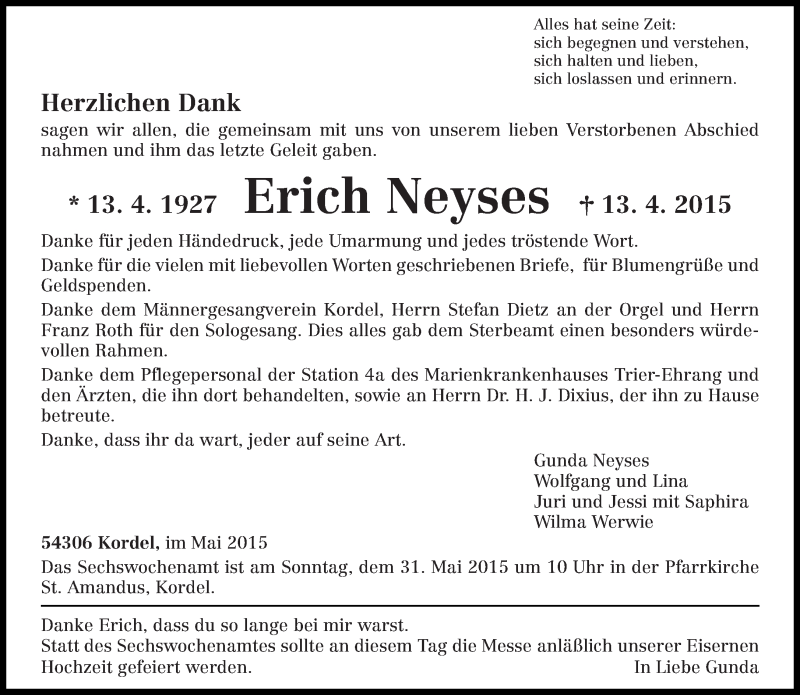 Traueranzeige für Erich Neyses vom 23.05.2015 aus trierischer_volksfreund