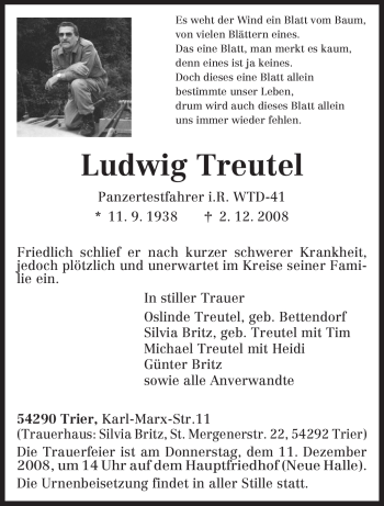 Traueranzeige von Ludwig Treutel von TRIERISCHER VOLKSFREUND