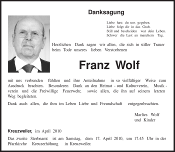 Traueranzeige von Franz Wolf von TRIERISCHER VOLKSFREUND