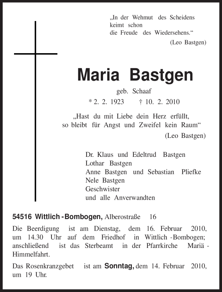  Traueranzeige für Maria Bastgen vom 12.02.2010 aus TRIERISCHER VOLKSFREUND
