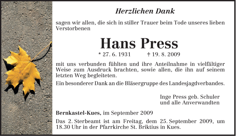Traueranzeigen Von Hans Press Volksfreund Trauer De