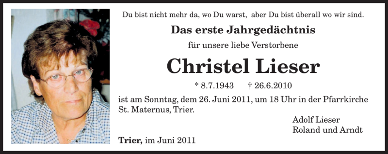  Traueranzeige für Christel Lieser vom 23.06.2011 aus TRIERISCHER VOLKSFREUND