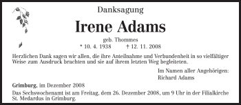 Traueranzeige von Irene Adams von TRIERISCHER VOLKSFREUND