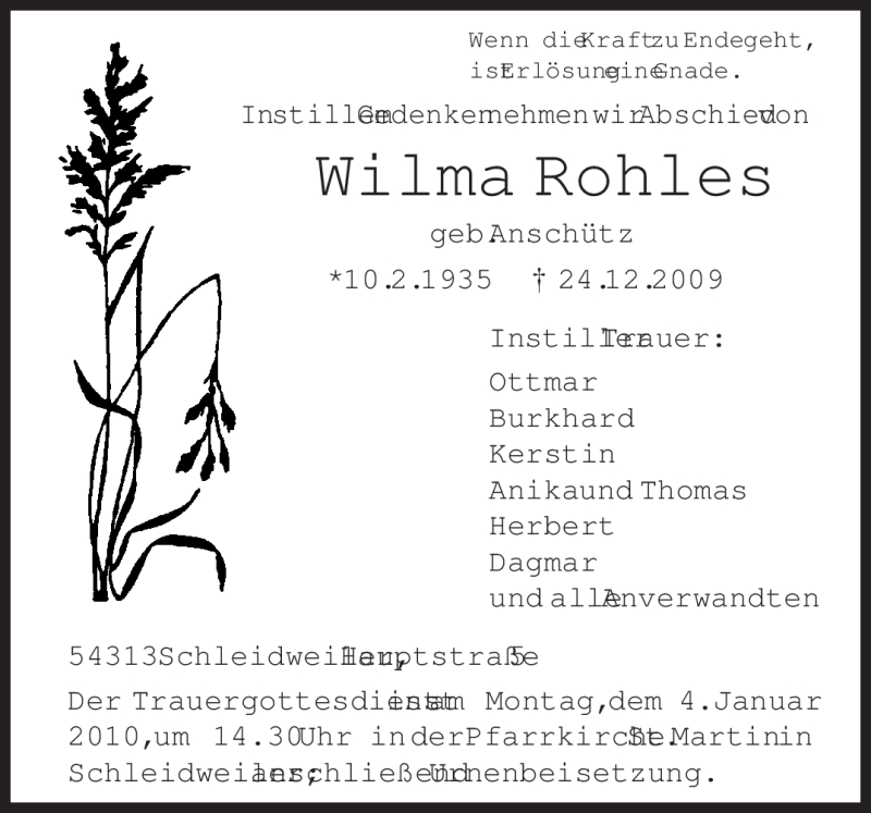  Traueranzeige für Wilma Rohles vom 30.12.2009 aus TRIERISCHER VOLKSFREUND